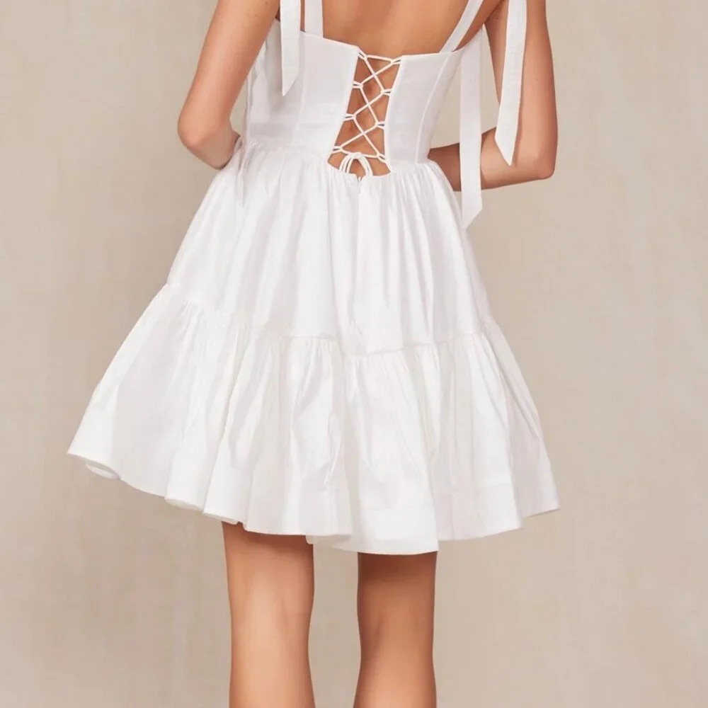 NEW A-LINE OFF WHITE MINI SOLID DRESS W/ SWEETHEART NECK & TIED STRAPS NX T869W - Picture 9 of 9
